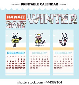 Monthly pin-up calendar 2017 year. Kawaii illustration funny shrimps, blue background. Perfect for travel agency, office. Vector Printable Design. Winter month  December, January 2018 , February 2018