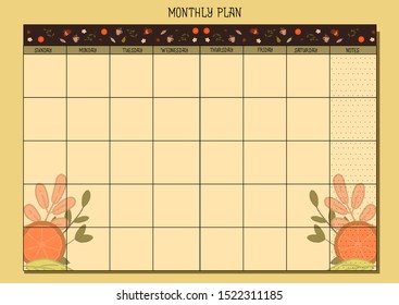 Monthly Plan Cute Forest blank page design. Vector isolated graphic design elements and illustrations. Diary, journal, planner, notebook, organizer. Oranges, leaves, natural, botanical, nuts, cup.