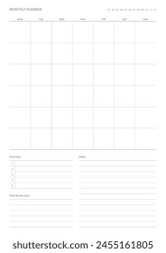 A monthly plan design template in a modern, simple, and minimalist style. Note, scheduler, diary, calendar, planner document template illustration.