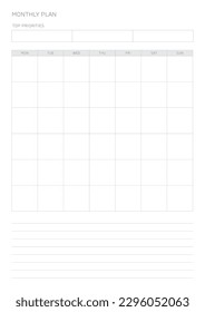 A monthly plan template with a simple and minimal style. Note, scheduler, diary, calendar planner document template illustration.