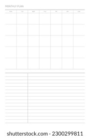 A monthly plan template with a simple and minimal style. Note, scheduler, diary, calendar planner document template illustration.