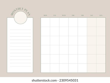 A monthly plan template with a simple and minimal style. Note, scheduler, diary, calendar planner document template illustration.