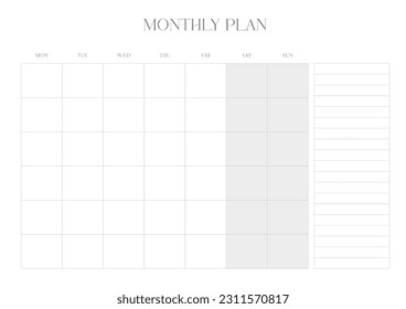 A monthly plan template with a simple and minimal style. Note, scheduler, diary, calendar planner document template illustration.