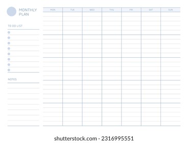 A monthly plan template with a simple and minimal style. Note, scheduler, diary, calendar planner document template illustration.
