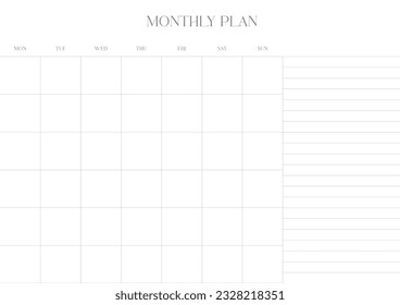 A monthly plan template with a simple and minimal style. Note, scheduler, diary, calendar planner document template illustration.