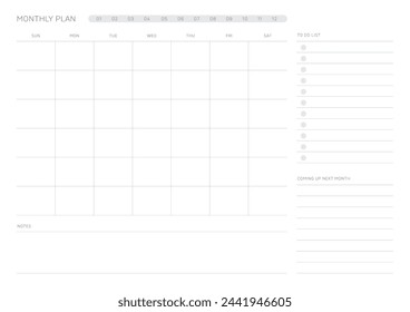 Una plantilla de plan mensual con un estilo simple y mínimo. Nota, planificador, agenda, planificador de calendario, plantilla de documento, ilustración.