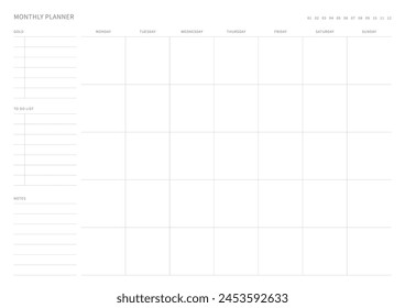 A monthly plan template with a simple and minimal style. Note, scheduler, diary, calendar planner document template illustration.