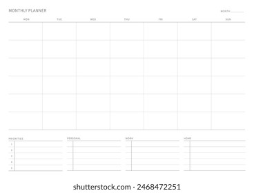 Una Plantilla de Plan mensual con un estilo simple y minimalista. Nota, planificador, agenda, planificador de calendario, ilustración de Plantilla de documento.