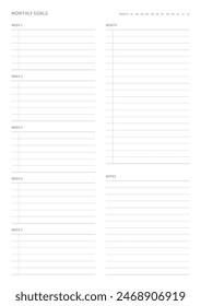 Una Plantilla de Plan mensual con un estilo simple y minimalista. Nota, planificador, agenda, planificador de calendario, ilustración de Plantilla de documento.