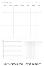 Una Plantilla de Plan mensual con un estilo sencillo y minimalista. Nota, planificador, diario, calendario planificador ilustración de Plantilla de documentos.