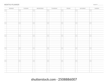 Una Plantilla de Plan mensual con un estilo sencillo y minimalista. Nota, planificador, diario, calendario planificador ilustración de Plantilla de documentos.