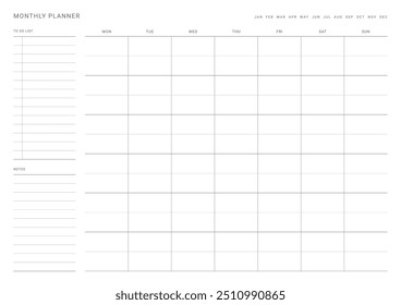 Una Plantilla de Plan mensual con un estilo sencillo y minimalista. Nota, planificador, diario, calendario planificador ilustración de Plantilla de documentos.