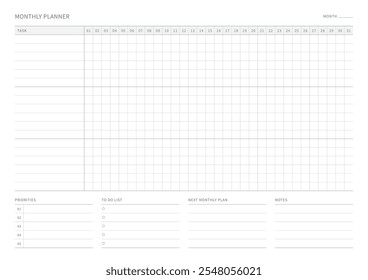 Una Plantilla de Plan mensual con un estilo sencillo y minimalista. Nota, planificador, diario, calendario planificador ilustración de Plantilla de documentos.