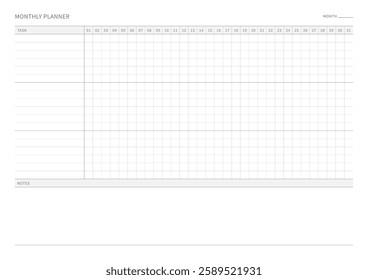 A monthly plan template with a simple and minimal style. Note, scheduler, diary, calendar planner document template illustration.