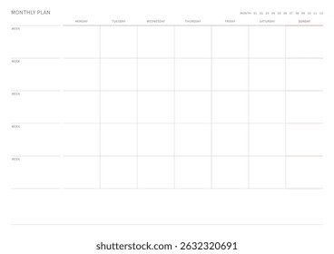 A monthly plan template with a simple and minimal style. Note, scheduler, diary, calendar planner document template illustration.