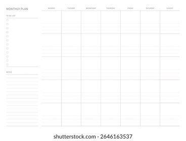 A monthly plan template with a simple and minimal style. Note, scheduler, diary, calendar planner document template illustration.