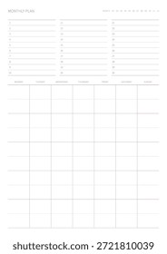 Um modelo de plano mensal com um estilo simples e mínimo. Nota, ilustração do modelo de documento do planejador de calendário, diário e calendário.