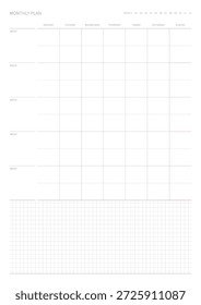 Um modelo de plano mensal com um estilo simples e mínimo. Nota, ilustração do modelo de documento do planejador de calendário, diário e calendário.