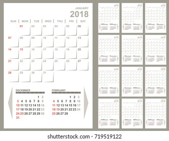 Monatlicher Planer 2018 Kalendervorlage. Wandplaner-Design. Vektorgrafik.