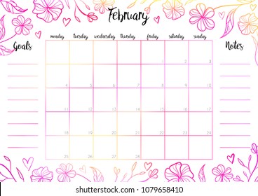 Monthly planner 2019 vector design template with colorful header February poster calendar with flowers and hearts on the white background. Goals and notes