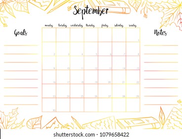 Monthly planner 2019 vector design template with colorful header September  poster calendar with leaves, book, paper and pencil 
on the white background. Goals and notes