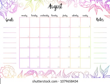 Monthly planner 2019 vector design template with colorful header August poster calendar with pionies on the white background. Goals and notes