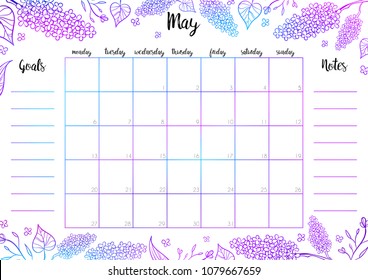 Monthly planner 2019 vector design template with colorful header May poster calendar with lilac on the white background. Goals and notes