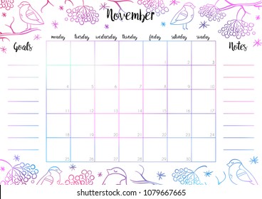 Monthly planner 2019 vector design template with colorful header  November poster calendar with bullfinch, snowlakes and rowan on the white background. Goals and notes