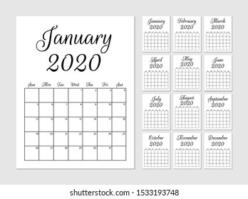 Monthly planner 2020 template. Vector calendar week starts Sunday. Organizer notebook pages. Paper sheets. Stationery for education, office and planning a routine. 