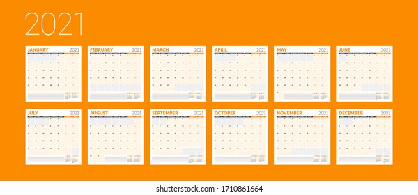 Monthly Planner For 2021 Year. Business And Personal Stationery Design Template. Wall Calendar. Week Starts On Monday. Set Of 12 Pages. Vector Illustration