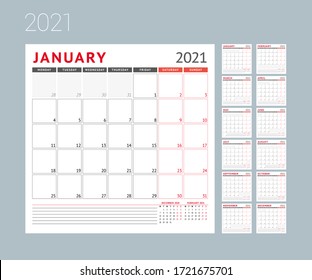 Monthly planner for 2021 year. Business and personal stationery design template. Wall calendar. Week starts on Monday. Set of 12 pages. Vector illustration