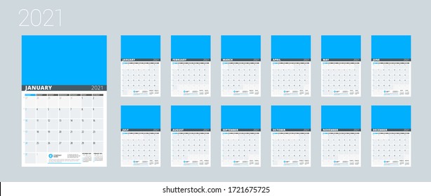 Monatlicher Planer für 2021 Jahr. Design-Vorlage für Geschäfts- und Privatkunden.Wandkalender. Die Woche beginnt am Sonntag. Satz von 12 Seiten. Vektorgrafik