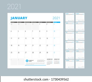 Monthly Planner For 2021 Year. Business And Personal Stationery Design Template. Week Starts On Monday. Set Of 12 Pages. Vector Illustration
