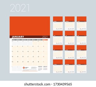 Monthly planner for 2021 year. Business and personal stationery design template. Wall calendar. Week starts on Monday. Set of 12 pages. Vector illustration