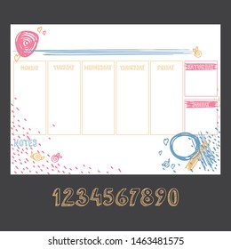 Monthly planner A4 blank template. Sunday, monday, tuesday, wednesday, thursday, friday, saturday words for diary, bullet journal, notebook. Templates with yellow, pink scribbles on white background.