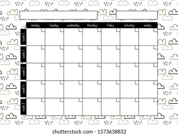Monthly planner, A4 size format, printable page for diaries, organisers, notebooks and books.