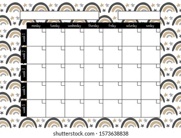 Monthly planner, A4 size format, printable page for diaries, organisers, notebooks and books.
