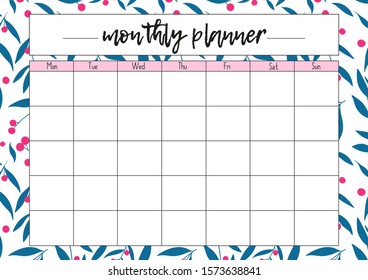 Monthly planner, A4 size format, printable page for diaries, organisers, notebooks and books.