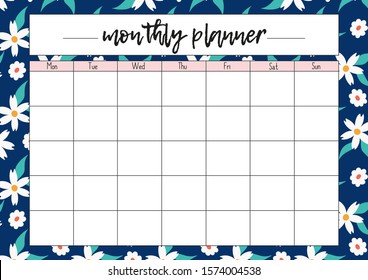 Monthly planner, A4 size format, printable page for diaries, organisers, notebooks and books.