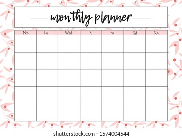 Monthly planner, A4 size format, printable page for diaries, organisers, notebooks and books.
