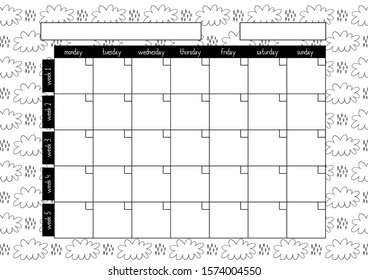Monthly planner, A4 size format, printable page for diaries, organisers, notebooks and books.