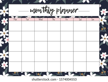 Monthly planner, A4 size format, printable page for diaries, organisers, notebooks and books.