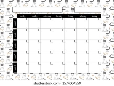 Monthly planner, A4 size format, printable page for diaries, organisers, notebooks and books.