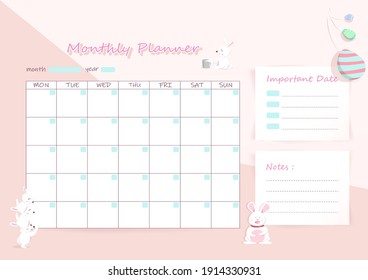 Monthly planner, adorable rabbit cartoon character, Easter holiday decoration your work planner vector illustration