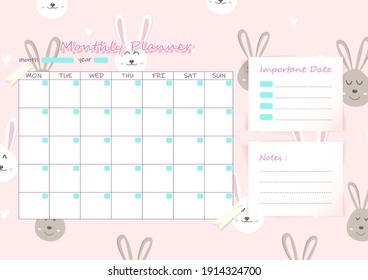 Monthly planner, adorable rabbit face with heart pattern seamless decoration vector illustration