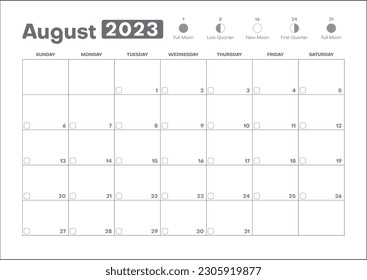 Monthly Planner August 2023 - Vector format