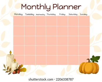Monthly planner with autumn  illustration. Cartoon flat vector calendar design template. Weekly printed planner, diary, activity template with space for personal notes. Notebook labels.