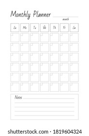 Monthly Planner. Blank printable vertical notebook page. Vector 8 ESP.