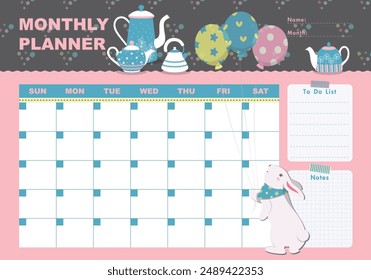 Monthly planner with bunny, teapots and balloon in flat cartoon style. Schedule template, monthly planner for printing. Cartoon polar rabbit illustration for kids. To do list, Notes. Summer vacation.