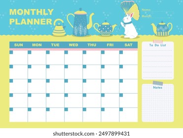 Monthly planner with bunny, teapots and leaf in flat cartoon style. Schedule template, monthly planner for printing. Cartoon rabbit illustration for kids. To do list, Notes. Summer vacation.